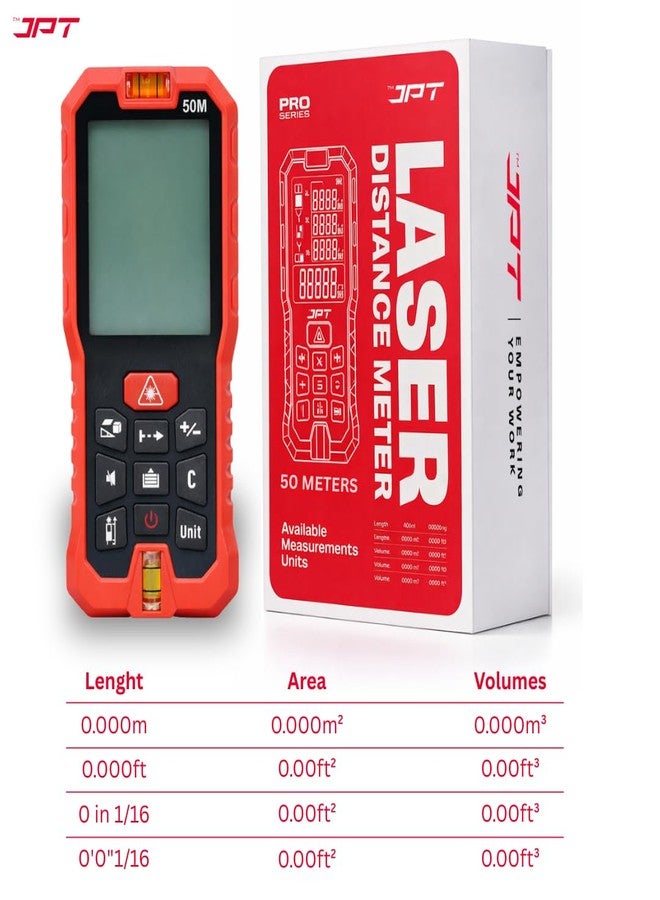 JPT مقياس المسافة بالليزر JPT 50M | أداة قياس ليزرية رقمية مع حساب المساحة والحجم، ووضع قياس الارتفاع باستخدام نظرية فيثاغورس، وقياس مستمر، وتحويل الوحدات، وشاشة بإضاءة خلفية، وميزان تسوية فقاعي - Image 2